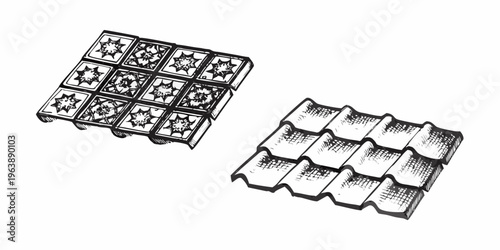 Sketch of roof tiles showing both patterned and simple designs