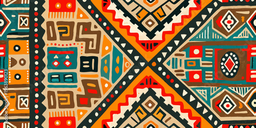 Colorful geometric patterns create a vibrant and intricate textile design