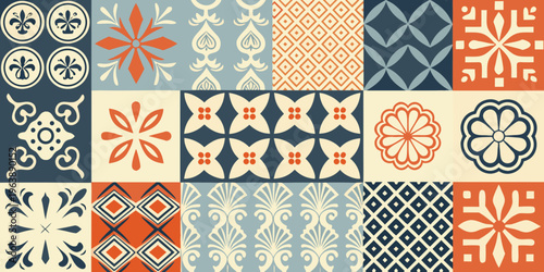 Colorful geometric tile pattern with floral and diamond motifs