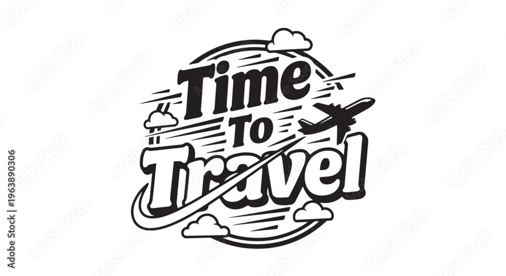 Naklejka premium Travel Time Typography Logo Black and White Vector
