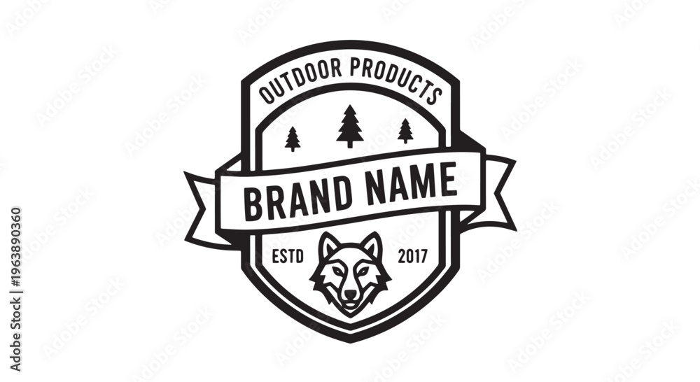 Obraz premium Outdoor Products Brand Logo with Pine Trees and Wolf
