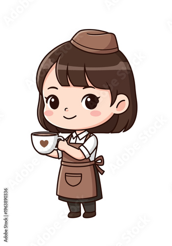 Cartoon girl holding coffee cup.