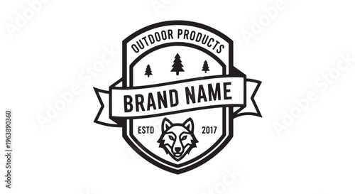 Outdoor Products Brand Logo with Pine Trees and Wolf