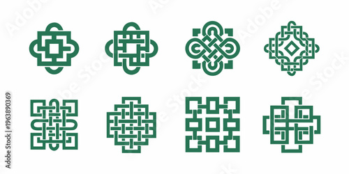 Collection of intricate green celtic knotwork designs arranged in a grid
