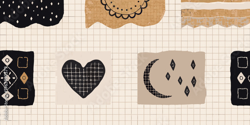 Abstract geometric patterns and shapes in black tan and white