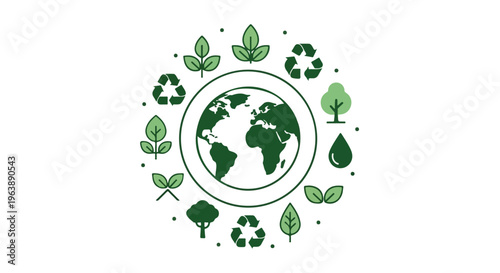 Earth Day themed vector illustration featuring the planet surrounded by green leaves and recycling symbols