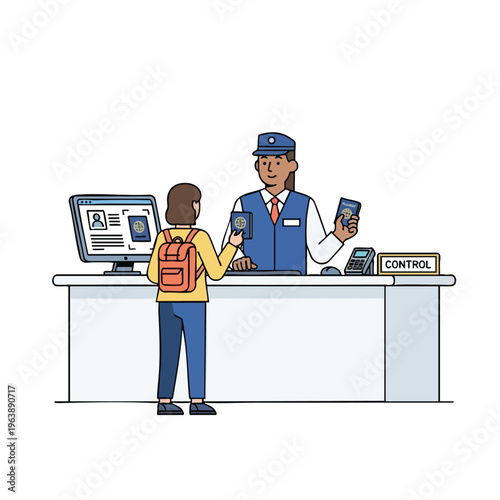 Person at control desk presenting passport to officer with computer screen
