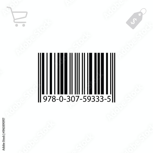 Black and white barcode with numbers and symbols of shopping cart, price tag