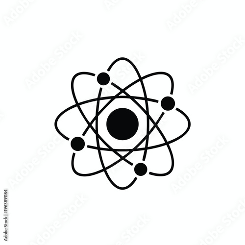 Stylized black atom symbol with orbiting electrons on white background