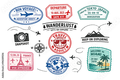 passport stamps travel addict aesthetic, passport stamp collage, travel addict lifestyle, wanderlust passport design, vintage passport stamps, travel memory aesthetic, global travel theme, stamped pas