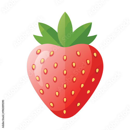 A cartoon-style strawberry with green leaves and yellow seeds, on a white background