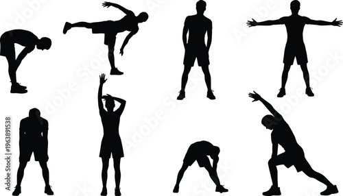 Fitness stretching silhouettes set, athletes warming up, flexibility exercises, dynamic poses, workout routine, healthy lifestyle, training preparation, sports warmup illustration, active body