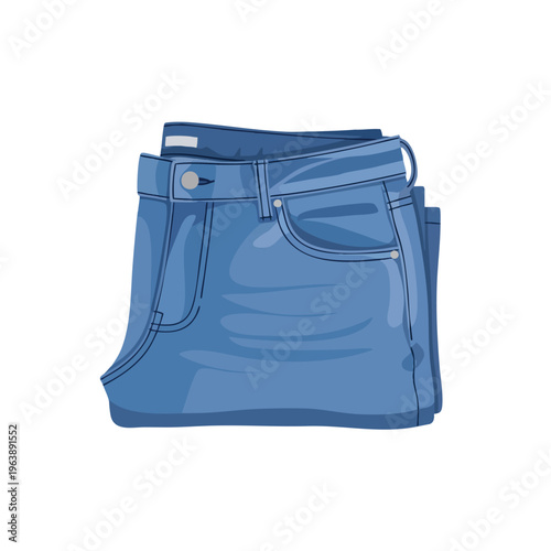 A pair of folded blue denim trousers with pockets and buttons