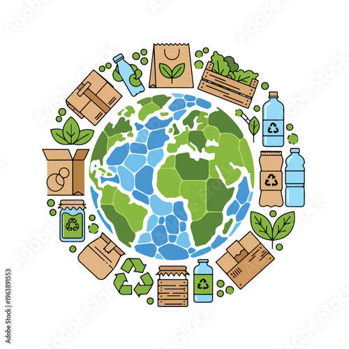 Illustration of a globe surrounded by eco-friendly items promoting sustainability for Earth Day
