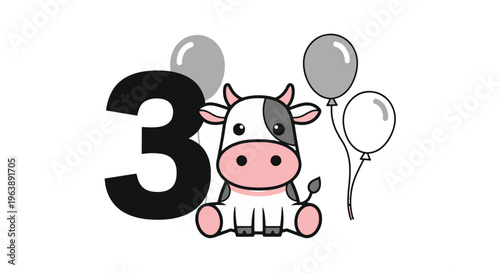 Cow Celebrating a Third Birthday with Balloons