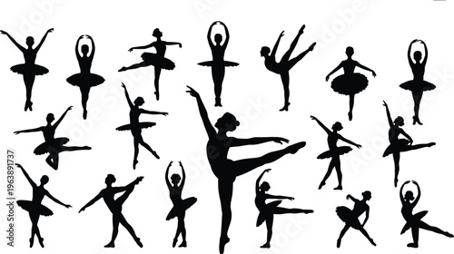 Silhouette ballet dancers, classical dance illustration, black and white vector art, graceful movement design, performance pose, artistic elegance, expressive motion graphic