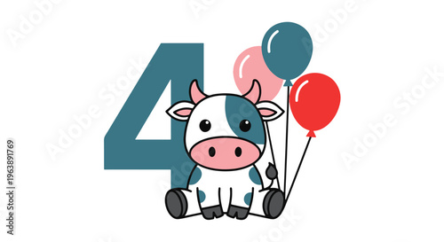 Cow Number Four with Balloons Birthday Illustration