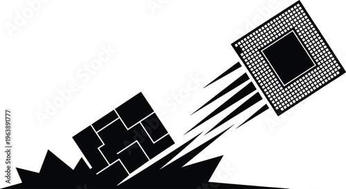 microchip, chip, computer chip, explosion, launch, blast, speed, motion, abstract, black and white, monochrome, technology, electronics, Black and white of microchip launching into air computer chip