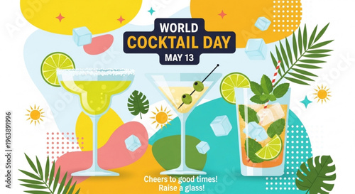 Vibrant world cocktail day poster with colorful drinks and tropical leaves on may 13th celebration background