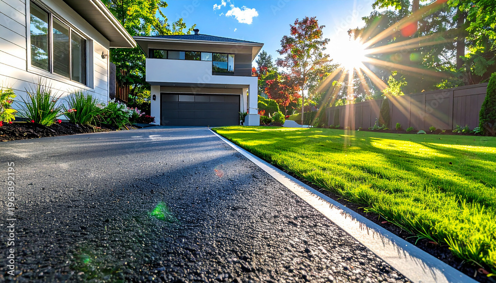 Fototapeta premium Modern suburban home with a sleek driveway and vibrant green lawn illuminated by bright sun and lens flare