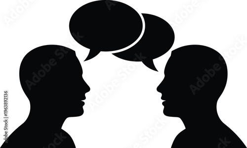 Black silhouettes of two people talking with speech bubbles silhouettes, people, conversation, speech bubbles, black and white, communication, discussion, dialogue, talk, chat, communication symbols, 