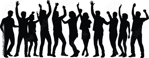 Silhouette group of people, dancing celebration illustration, black and white vector art, unity design, joyful crowd, expressive gesture, collective movement graphic