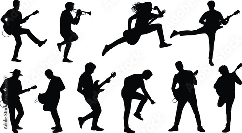 Silhouette musicians performing, guitar and trumpet players, live concert illustration, dynamic stage art, black and white vector design, energetic band