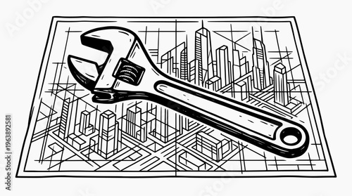 Conceptual Illustration of an Adjustable Wrench on a Modern City Blueprint