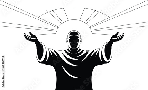 Black silhouette of a man with outstretched arms and a halo black, silhouette, man, person, arms outstretched, halo, sunburst, rays, white background, symbol, spirituality, religiosity, mysticism, out