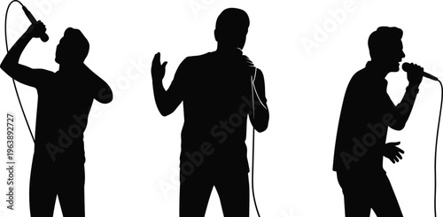 Silhouette singers performing, microphone poses illustration, black and white vector art, music concert design, vocal performance, expressive stage show graphic