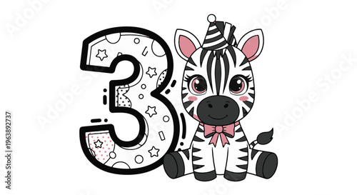 Zebra Celebrates Third Birthday with Number and Party Hat