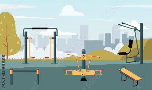 Outdoor gym equipment in city park with pull up bars, benches, machines for public training. Promotes community fitness healthy lifestyle. Ideal for wellness, sport and urban planning. Flat vector