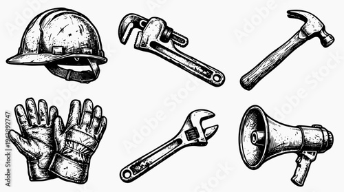 Vintage Industrial Tool Collection with Hard Hat Hammer and Megaphone