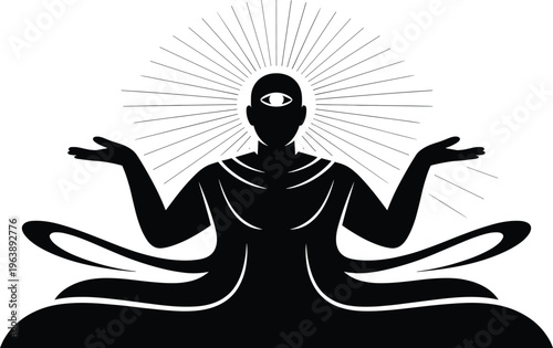 Black silhouette of a person meditating with an eye on their forehead and sunburst black, silhouette, person, meditation, eye, sunburst, lines, white background, sitting, hands, spiritual, mystic, sym