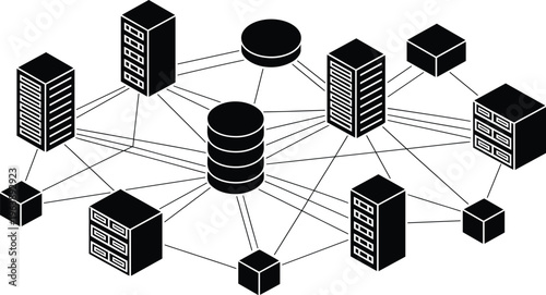 Black and white of interconnected computer servers and data storage server, data storage, network, interconnected, black and white, computer, technology, database, communication, system, architecture,
