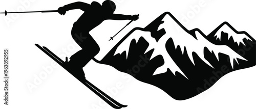 Silhouette skier downhill, mountain peaks illustration, winter sports vector, skiing action art, snow adventure design, alpine slope, black and white graphic
