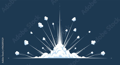 Powerful white explosion cloud effect with smoke trails and debris isolated on a dark blue background for comic art.