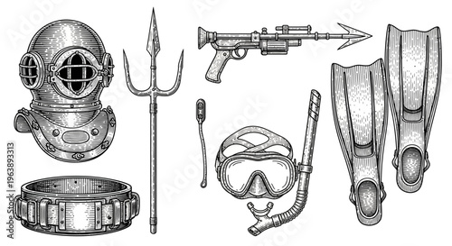 Vintage and Modern Diving Equipment Set Hand Drawn Illustration