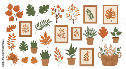Comprehensive collection of autumn themed botanical elements including fallen leaves potted plants and framed art.