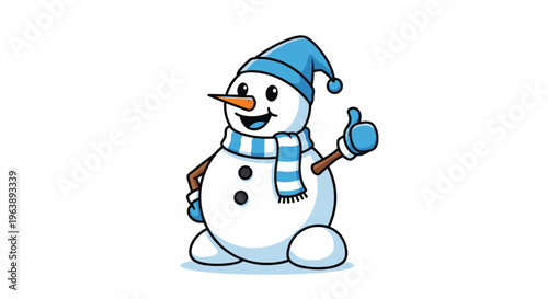 Friendly cartoon snowman character wearing a blue hat and scarf giving a thumbs up gesture with a happy smile.