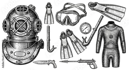 Vintage and Modern Scuba Diving Equipment Set Hand Drawn Illustration