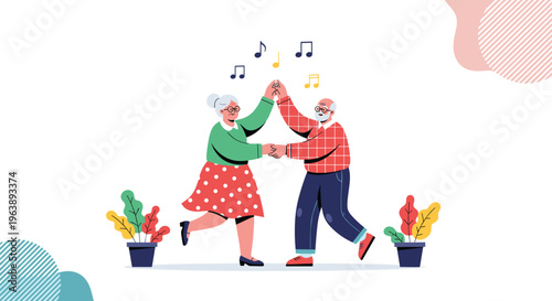 Happy elderly couple dancing together surrounded by musical notes and potted plants in a joyful illustration.