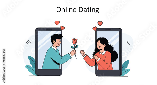 Online dating concept illustration featuring a man and woman in smartphones sharing a red rose through screens.