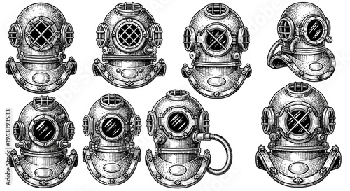 Vintage Deep Sea Diving Helmets Collection Hand Drawn Illustration