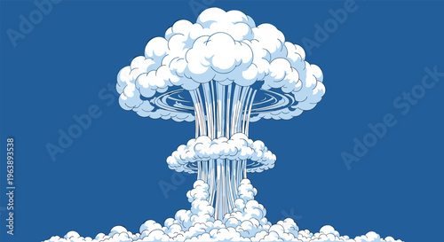 Detailed pixel art illustration of a massive nuclear explosion cloud rising into a clear blue sky for gaming assets.