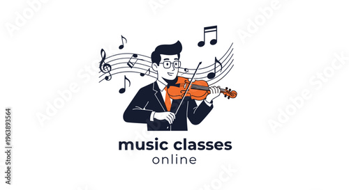 Online music classes banner featuring a professional man playing the violin with musical notes in the background.