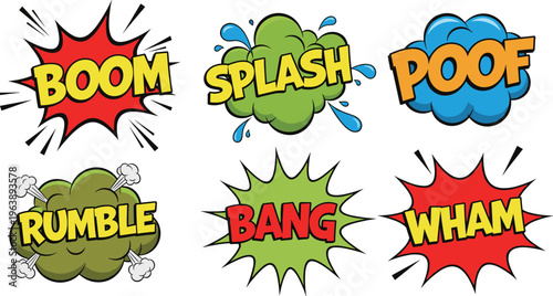 Comic sound effect words boom splash poof rumble bang wham pop art explosion speech bubble illustration set