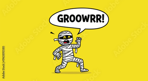 Funny cartoon mummy character with a speech bubble saying groowrr against a bright yellow background for Halloween.