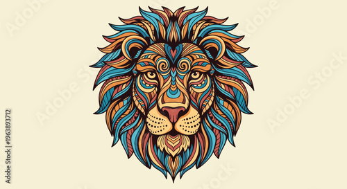 majestic lion head is depicted using intricate patterns and a vibrant color palette to create a striking and artistic animal portrait.
