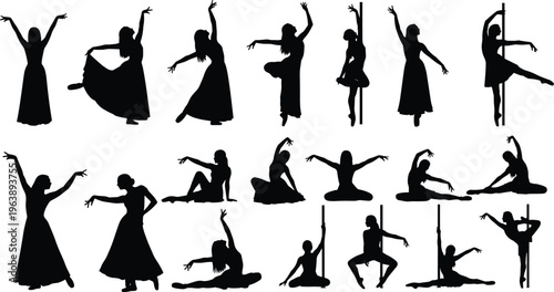 Female dancer silhouette collection, ballet contemporary and pole dance poses, graceful artistic movement performance concept illustration